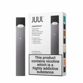Juul Starter Kit UK Edition gri cihaz ve 4 aromalı pod içerir.