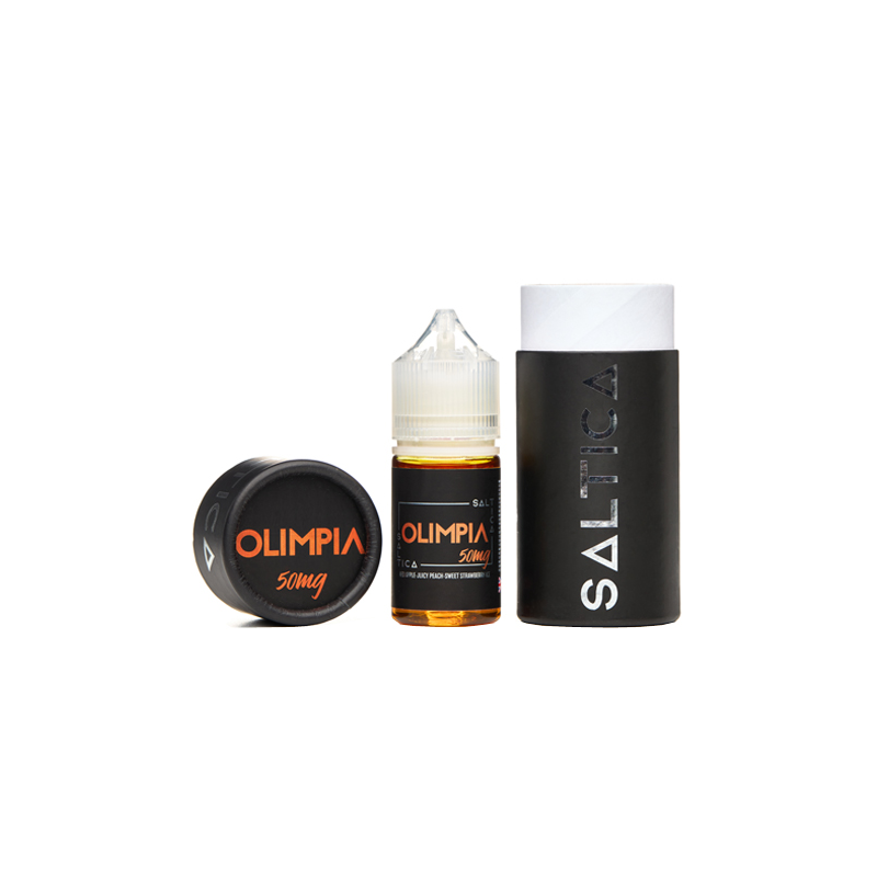 Saltica Olimpia 50mg Salt Likit şişe ve kutu seti siyah turuncu detaylı.