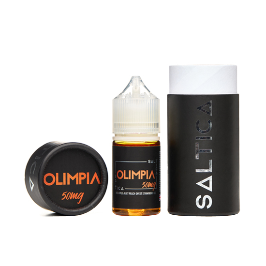Saltica Olimpia 50mg Salt Likit şişe ve kutu seti siyah turuncu detaylı.