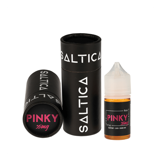 Saltica Pinky 35mg Salt Likit şişesi ve siyah ambalaj kutusu.