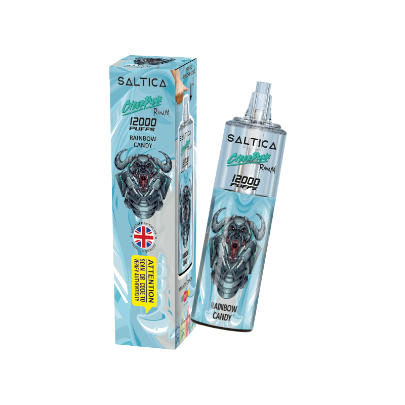 Saltica Cyberpunk 12000 Rainbow Candy tek kullanımlık vape kutu ve cihazı.