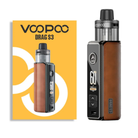 Voopoo Drag S3 Pod Mod kahverengi deri kaplama, şık elektronik sigara modeli.